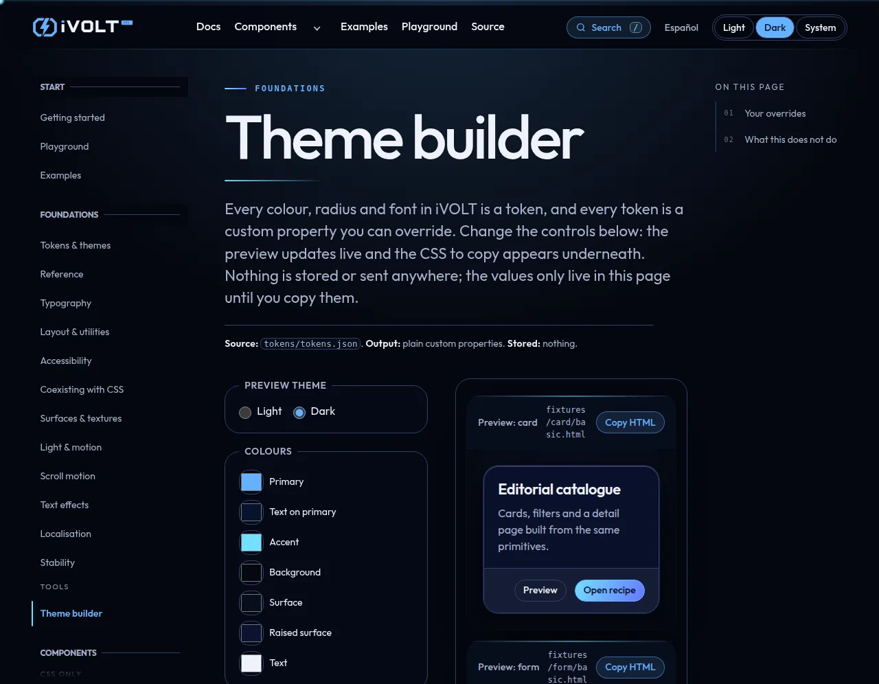 The iVOLT theme builder: colour controls on the left and a preview card on the right that changes live.